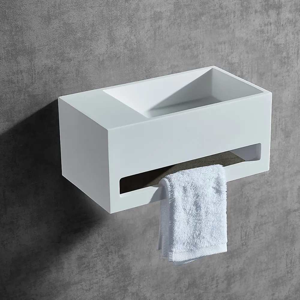 Lavabo|Bernstein Vasque murale design, Lave main fonte minérale Salle de bain, Blanc mat, 35,5x20x16cm, BA2105 + cache blanc + rangement à gauche