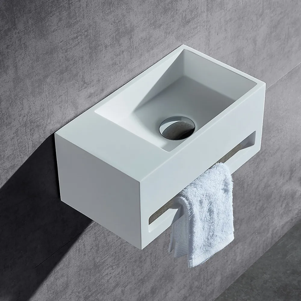 Lavabo|Bernstein Vasque murale design, Lave main fonte minérale Salle de bain, Blanc mat, 35,5x20x16cm, BA2105 + cache blanc + rangement à gauche