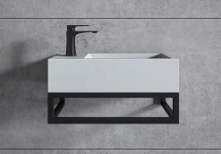 Bernstein Vasque murale suspendue design 44x22x10cm en fonte minérale - Blanc mat, Avec bonde et cache blanc, Rangement gauche, Avec Console