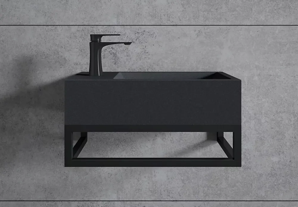 Lavabo|Bernstein Vasque murale suspendue design 44x22x10cm en fonte minérale - Sans bonde ni cache, Rangement gauche, Quartz noir, Avec Console