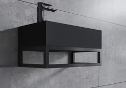 Lavabo|Bernstein Vasque murale suspendue design 44x22x10cm en fonte minérale - Sans bonde ni cache, Rangement gauche, Quartz noir, Avec Console