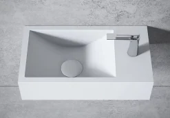 Lavabo|Bernstein Vasque murale suspendue design 44x22x10cm en fonte minérale - Blanc mat, Avec bonde et cache blanc, Rangement droite, Sans console