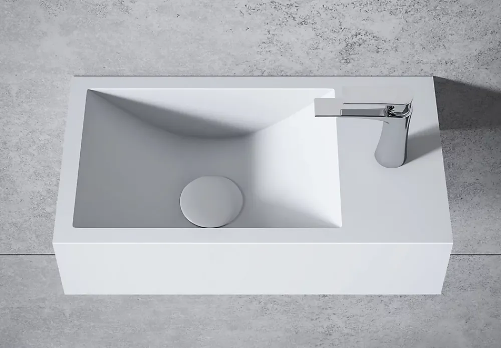 Lavabo|Bernstein Vasque murale suspendue design 44x22x10cm en fonte minérale - Blanc mat, Avec bonde et cache blanc, Rangement droite, Sans console