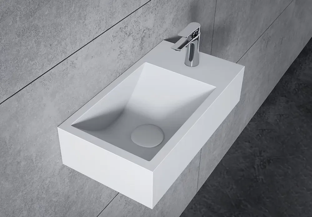 Lavabo|Bernstein Vasque murale suspendue design 44x22x10cm en fonte minérale - Blanc mat, Avec bonde et cache blanc, Rangement droite, Sans console