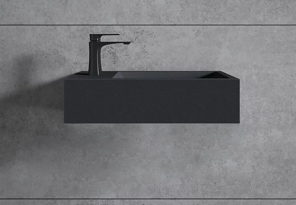 Lavabo|Bernstein Vasque murale suspendue design 44x22x10cm en fonte minérale - Sans bonde, Sans cache, Rangement gauche, Sans console, Quartz noir