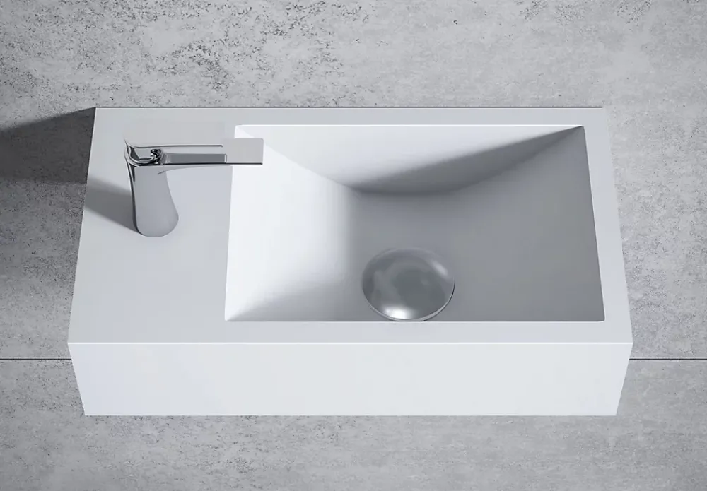 Bernstein Vasque murale suspendue design 44x22x10cm en fonte minérale - Blanc mat, Avec bonde, Sans cache, Rangement gauche, Sans console