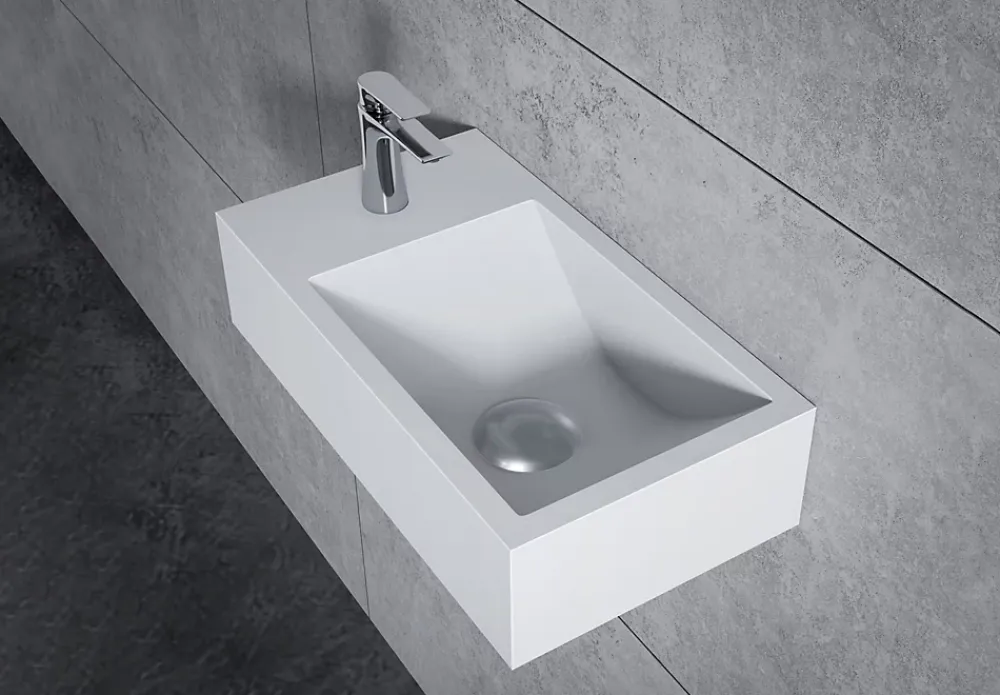 Bernstein Vasque murale suspendue design 44x22x10cm en fonte minérale - Blanc mat, Avec bonde, Sans cache, Rangement gauche, Sans console