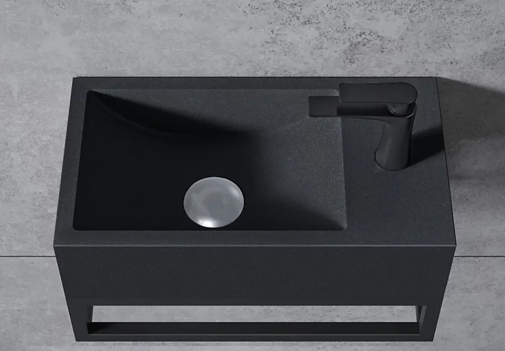 Bernstein Vasque murale suspendue design 44x22x10cm en fonte minérale - Avec bonde, Sans cache, Rangement droite, Quartz noir, Avec Console