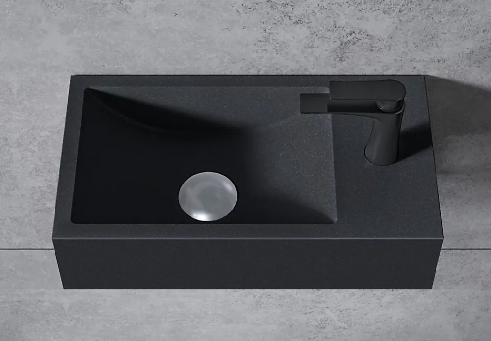 Bernstein Vasque murale suspendue design 44x22x10cm en fonte minérale - Sans bonde ni cache, Rangement droite, Sans console, Quartz noir
