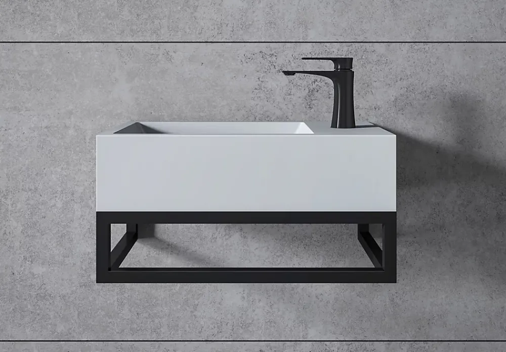 Lavabo|Bernstein Vasque murale suspendue design 44x22x10cm en fonte minérale - Blanc mat, Sans bonde ni cache, Rangement droite, Avec Console