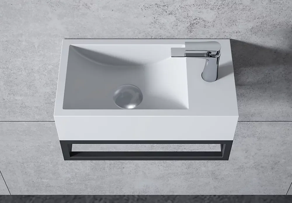 Lavabo|Bernstein Vasque murale suspendue design 44x22x10cm en fonte minérale - Blanc mat, Sans bonde ni cache, Rangement droite, Avec Console