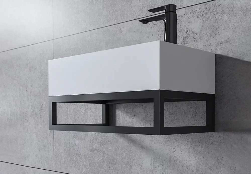 Lavabo|Bernstein Vasque murale suspendue design 44x22x10cm en fonte minérale - Blanc mat, Sans bonde ni cache, Rangement droite, Avec Console