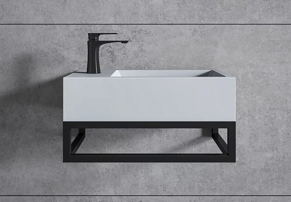Bernstein Vasque murale suspendue design 44x22x10cm en fonte minérale - Blanc mat, Avec bonde, Sans cache, Rangement gauche, Avec Console
