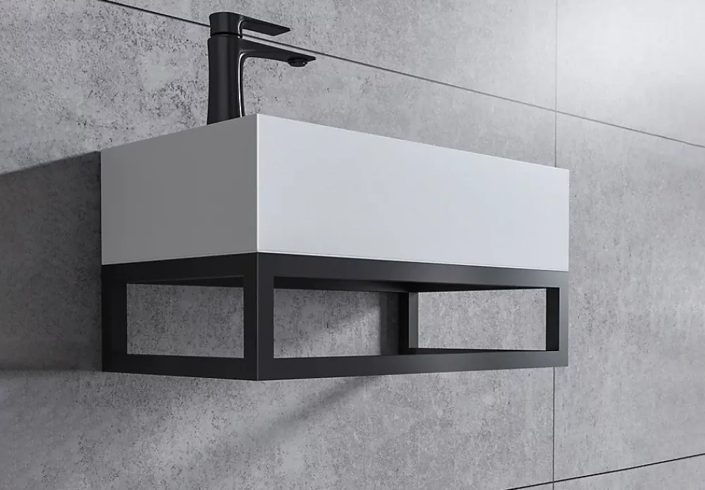 Bernstein Vasque murale suspendue design 44x22x10cm en fonte minérale - Blanc mat, Avec bonde, Sans cache, Rangement gauche, Avec Console