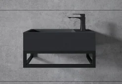 Lavabo|Bernstein Vasque murale suspendue design 44x22x10cm en fonte minérale - Avec bonde et cache, Rangement droite, Quartz noir, Avec Console