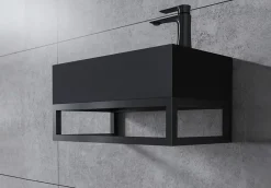 Lavabo|Bernstein Vasque murale suspendue design 44x22x10cm en fonte minérale - Avec bonde et cache, Rangement droite, Quartz noir, Avec Console