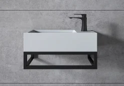 Bernstein Vasque murale suspendue design 44x22x10cm en fonte minérale - Blanc mat, Avec bonde et cache blanc, Rangement droite, Avec Console