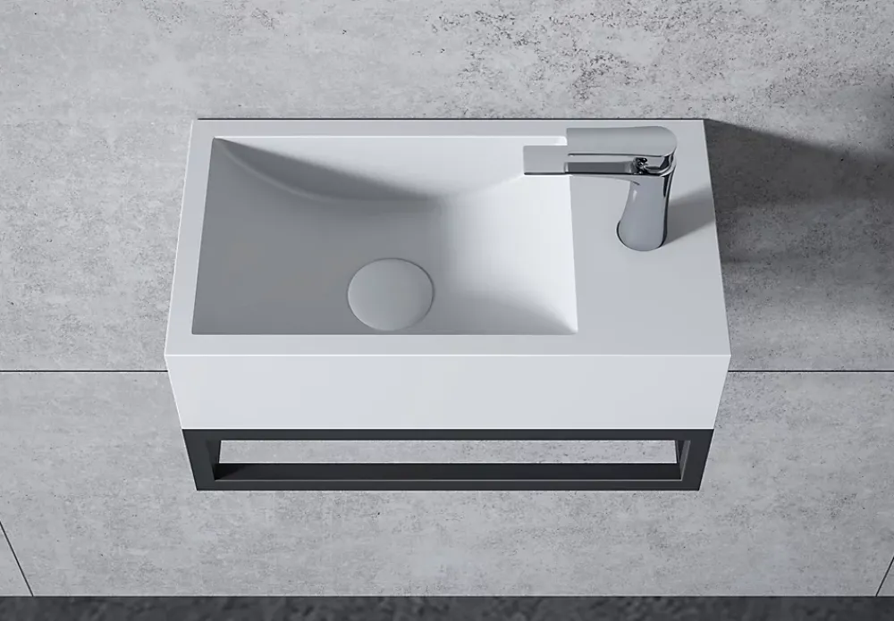 Bernstein Vasque murale suspendue design 44x22x10cm en fonte minérale - Blanc mat, Avec bonde et cache blanc, Rangement droite, Avec Console