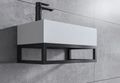 Lavabo|Bernstein Vasque murale suspendue design 44x22x10cm en fonte minérale - Blanc mat, Sans bonde ni cache, Rangement gauche, Avec Console