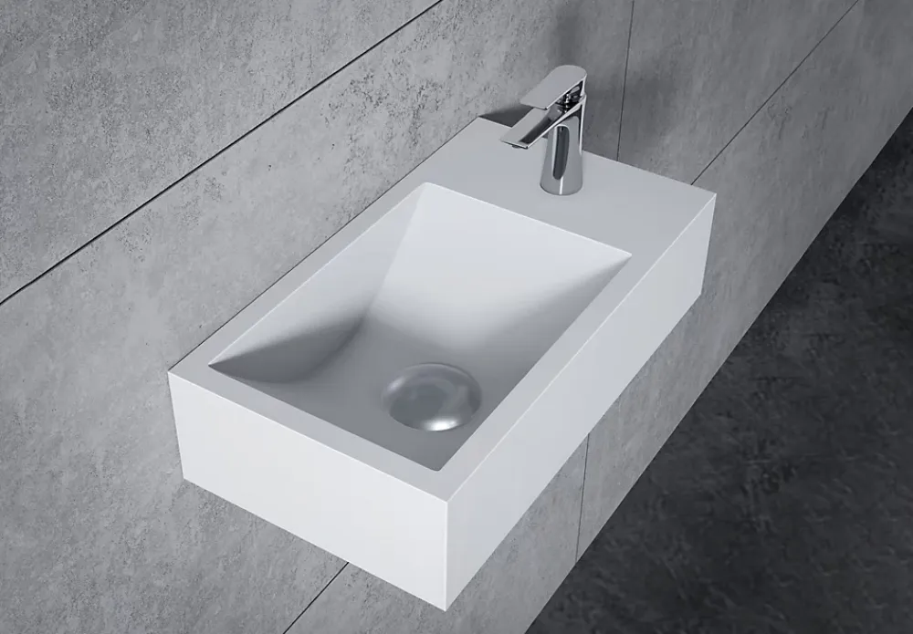 Bernstein Vasque murale suspendue design 44x22x10cm en fonte minérale - Blanc mat, Sans bonde ni cache, Rangement droite, Sans console