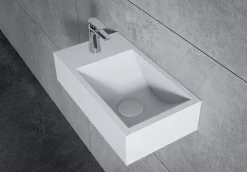 Bernstein Vasque murale suspendue design 44x22x10cm en fonte minérale - Blanc mat, Avec bonde et cache blanc, Rangement gauche, Sans console