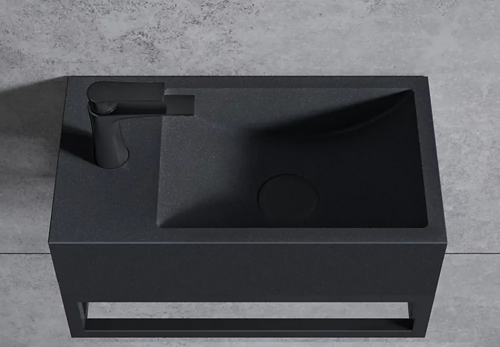 Lavabo|Bernstein Vasque murale suspendue design 44x22x10cm en fonte minérale - Avec bonde et cache, Rangement gauche, Quartz noir, Avec Console