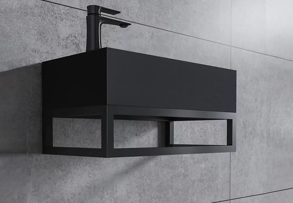 Lavabo|Bernstein Vasque murale suspendue design 44x22x10cm en fonte minérale - Avec bonde et cache, Rangement gauche, Quartz noir, Avec Console