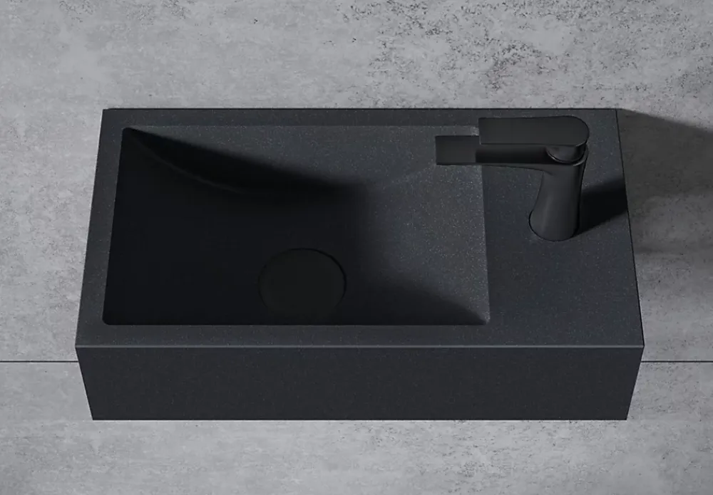 Bernstein Vasque murale suspendue design 44x22x10cm en fonte minérale - Avec bonde et cache, Rangement droite, Sans console, Quartz noir