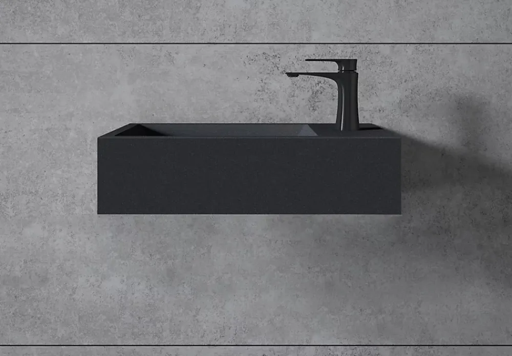 Bernstein Vasque murale suspendue design 44x22x10cm en fonte minérale - Avec bonde et cache, Rangement droite, Sans console, Quartz noir