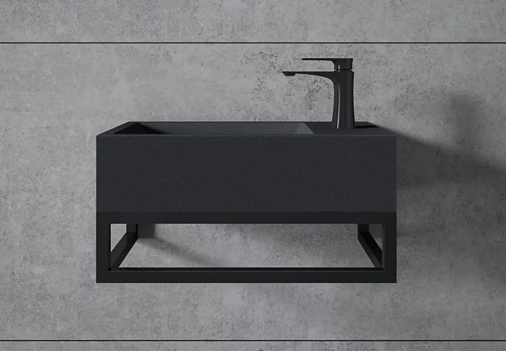 Bernstein Vasque murale suspendue design 44x22x10cm en fonte minérale - Sans bonde ni cache, Rangement droite, Quartz noir, Avec Console