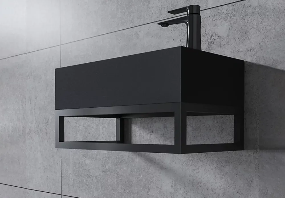 Bernstein Vasque murale suspendue design 44x22x10cm en fonte minérale - Sans bonde ni cache, Rangement droite, Quartz noir, Avec Console