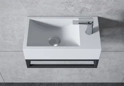 Lavabo|Bernstein Vasque murale suspendue design 44x22x10cm en fonte minérale - Blanc mat, Avec bonde, Sans cache, Rangement droite, Avec Console