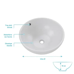 Vasque À Poser|Aurlane Vasque ronde en céramique blanche à poser - Diamètre 42cm - Hauteur 18cm - PARABOLA