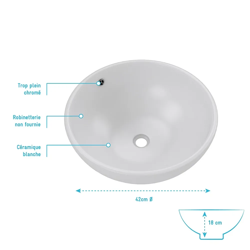 Vasque À Poser|Aurlane Vasque ronde en céramique blanche à poser - Diamètre 42cm - Hauteur 18cm - PARABOLA