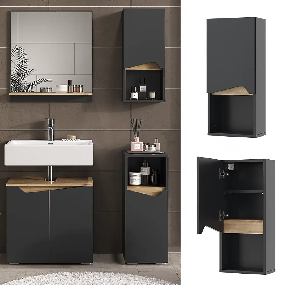 Armoire De Salle De Bains|Vicco Armoire de Anthracite 30x67cm avec porte et compartiment ouvert