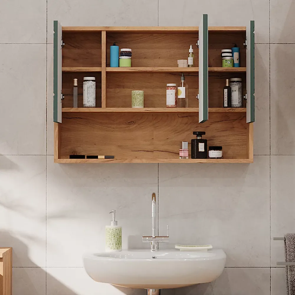 Armoire De Toilette|Vicco Armoire de salle de bain avec miroir Vert/force de lor Chêne 80.1x55cm