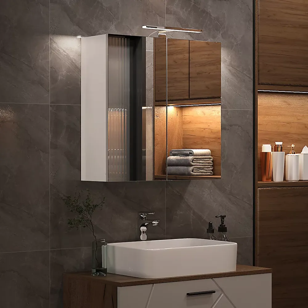 Armoire De Toilette|Vicco Armoire de toilette Blanc 60x60cm avec éclairage LED