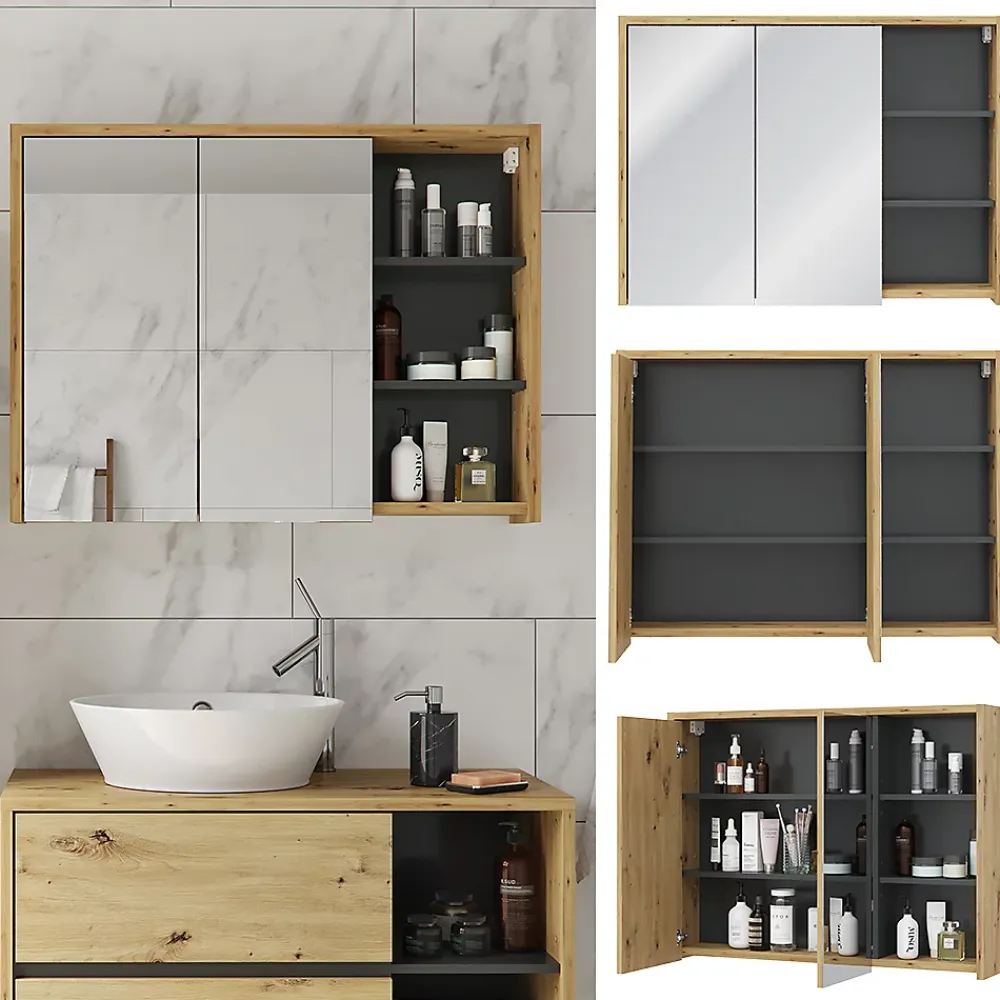 Armoire De Toilette|Vicco Armoire de toilette Chêne/Anthracite 100x75cm