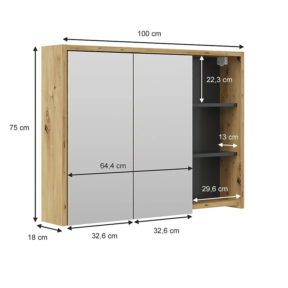 Armoire De Toilette|Vicco Armoire de toilette Chêne/Anthracite 100x75cm