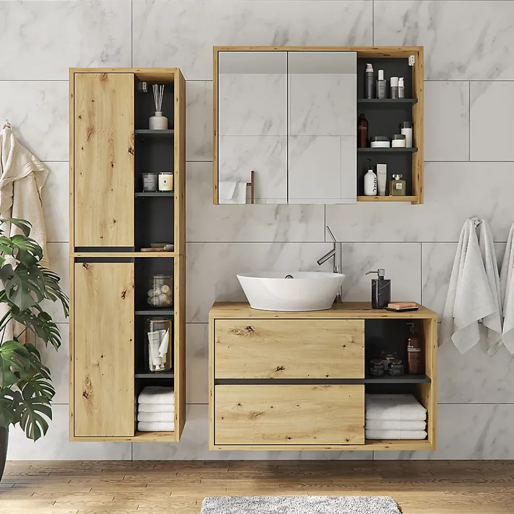 Armoire De Toilette|Vicco Armoire de toilette Chêne/Anthracite 100x75cm
