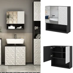 Armoire De Toilette|Vicco Armoire de toilette Noir 54x55cm avec porte et compartiments ouverts