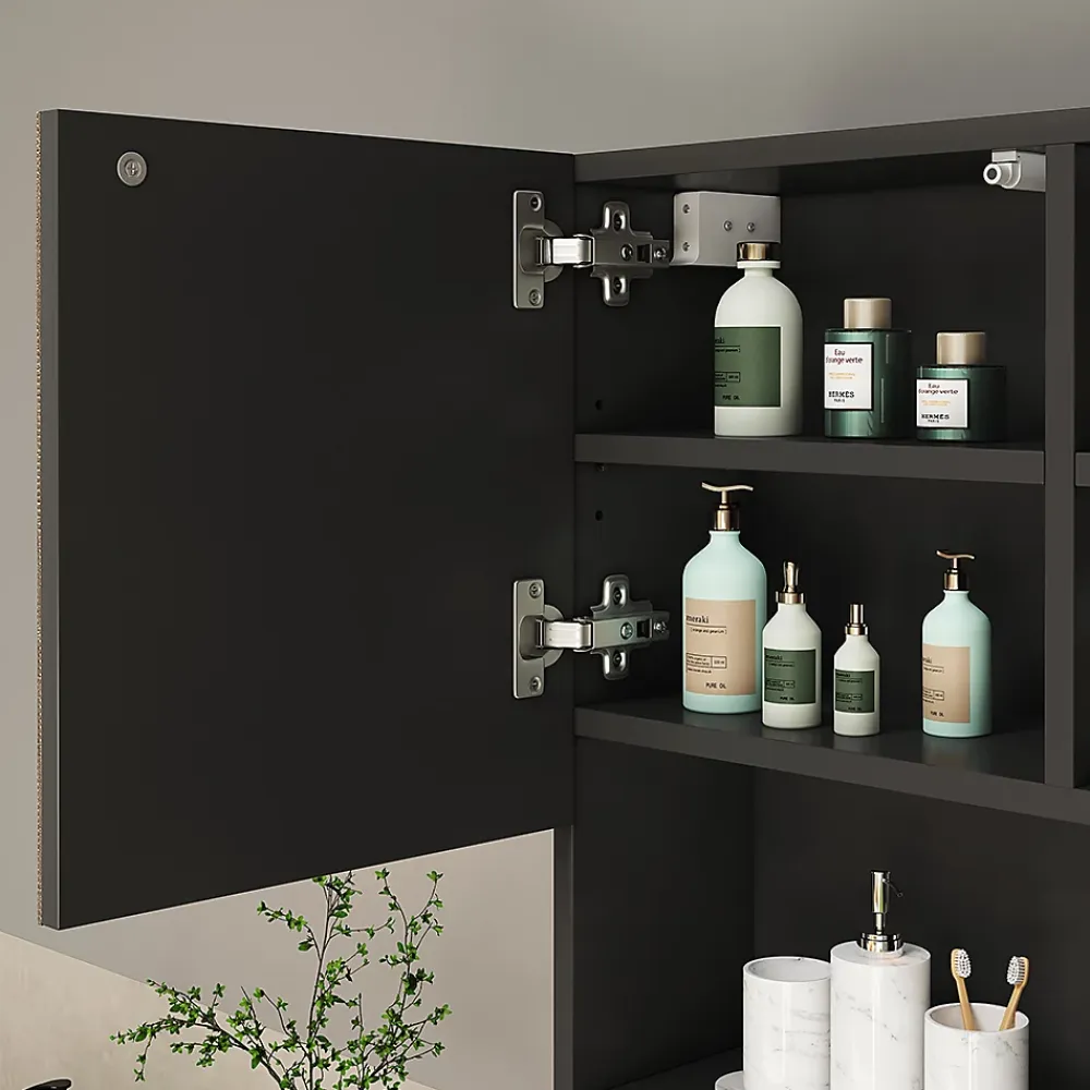 Armoire De Toilette|Vicco Armoire de toilette Noir 54x55cm avec porte et compartiments ouverts