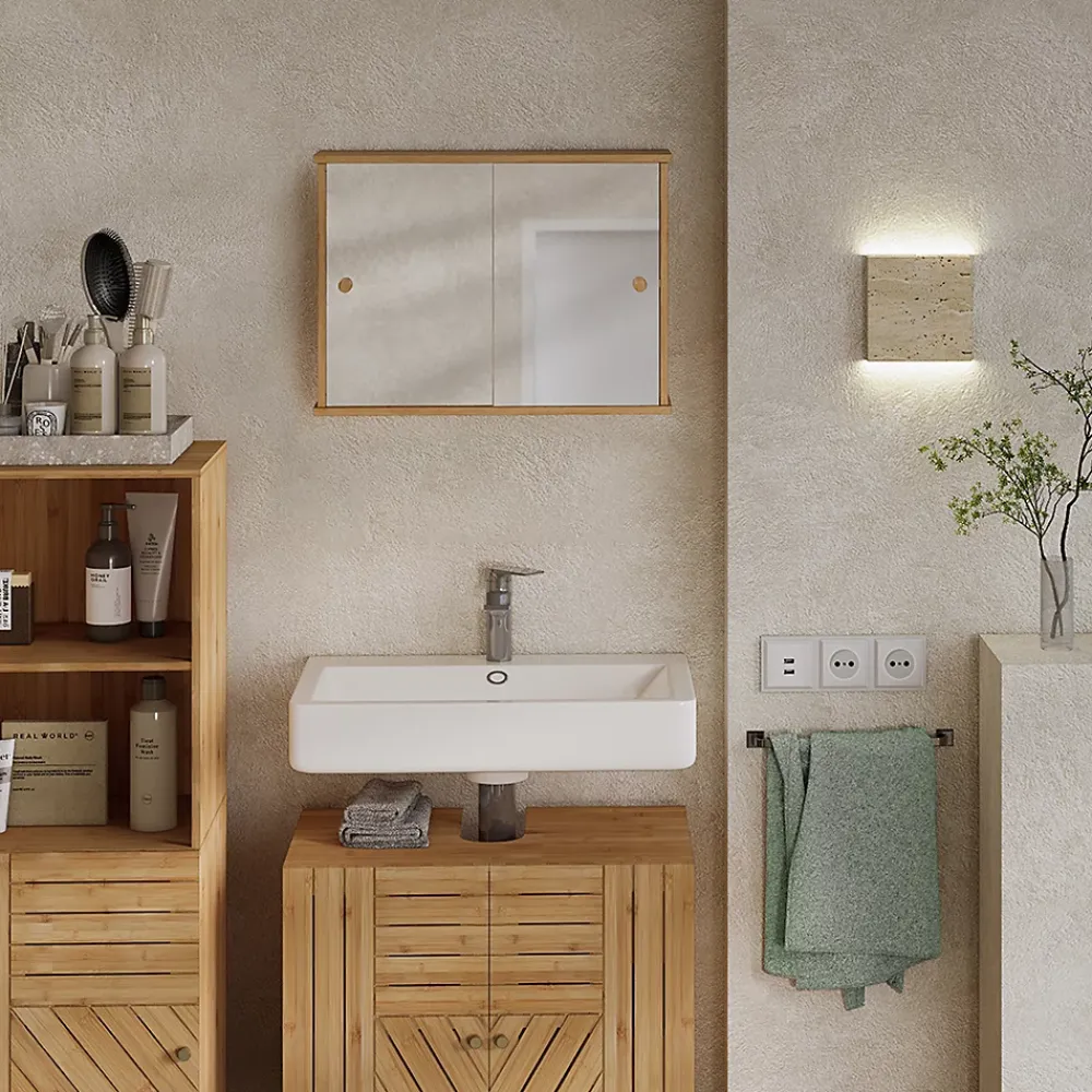 Armoire De Toilette|Vicco Armoire de toilette Bambou 55x40cm avec 2 portes coulissantes