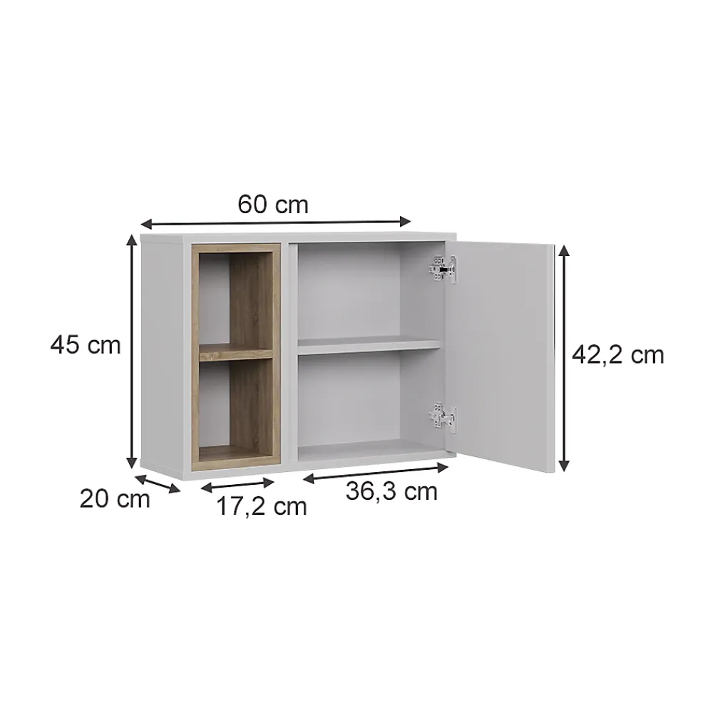 Armoire De Toilette|Vicco Armoire de toilette blanc/chêne 60x45cm avec 2 compartiments ouverts et 1 porte