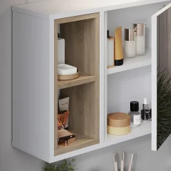 Armoire De Toilette|Vicco Armoire de toilette blanc/chêne 60x45cm avec 2 compartiments ouverts et 1 porte