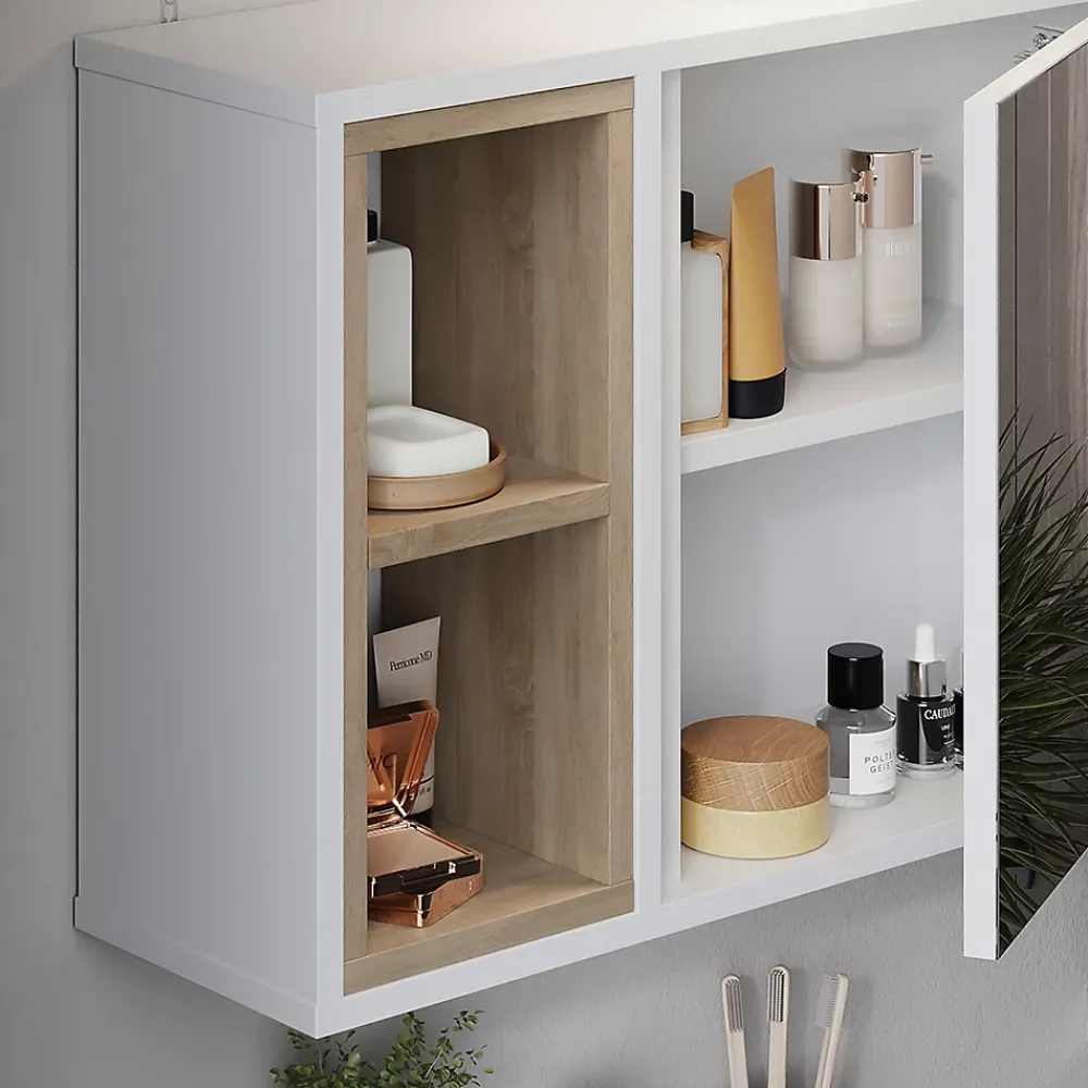 Armoire De Toilette|Vicco Armoire de toilette blanc/chêne 60x45cm avec 2 compartiments ouverts et 1 porte