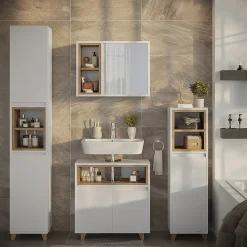 Armoire De Toilette|Vicco Armoire de toilette blanc/chêne 60x45cm avec 2 compartiments ouverts et 1 porte