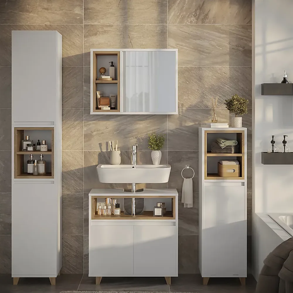 Armoire De Toilette|Vicco Armoire de toilette blanc/chêne 60x45cm avec 2 compartiments ouverts et 1 porte