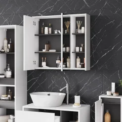 Armoire De Toilette|Vicco Armoire de toilette blanc/gris 80x75cm avec des étagères ouvertes