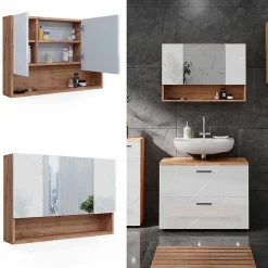 Armoire De Toilette|Vicco Armoire de toilette Blanc brillant/Chêne doré 17x55cm